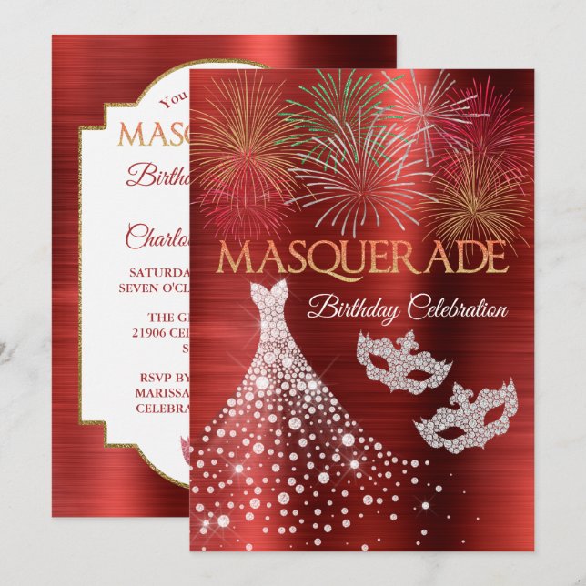 Elegantes Diamond Rotes Glam Masquerade Einladung (Vorne/Hinten)