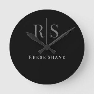 Elegantes DIY graues Monogramm & weißer Name, Schw Runde Wanduhr