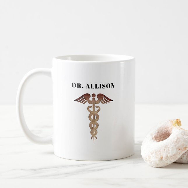 Elegantes Doctor Gold Caduceus Symbol Personalisie Kaffeetasse (Mit Donut)