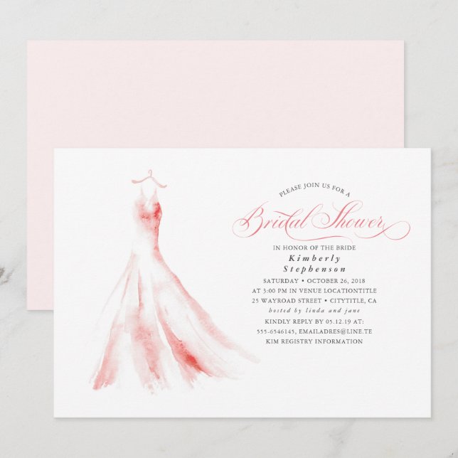 Elegantes Dreamy Pink Wedding Dress Brautparty Einladung (Vorne/Hinten)
