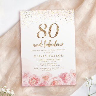 Elegantes Drehbuch Gold & Blütenblüte 80. Geburtst Einladung