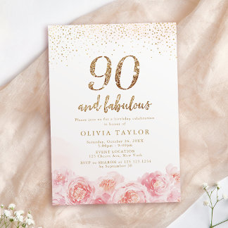 Elegantes Drehbuch Gold & Blütenblüte 90. Geburtst Einladung