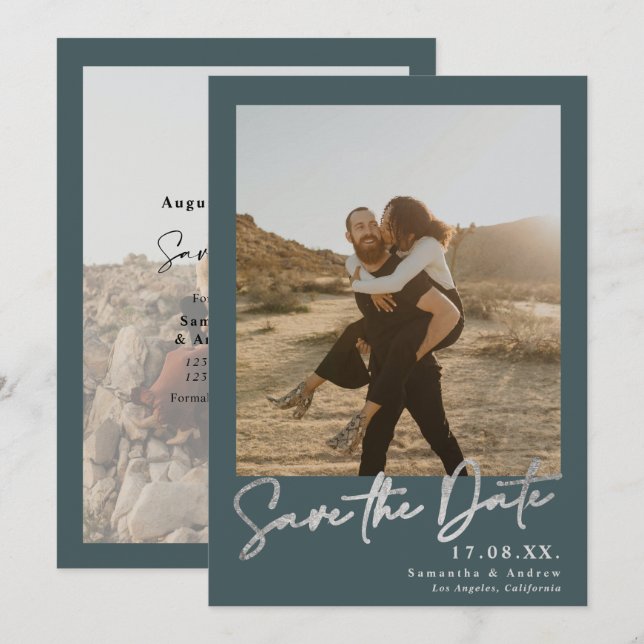 Elegantes Drehbuch Silber 2 Fotos Save the Date (Vorne/Hinten)