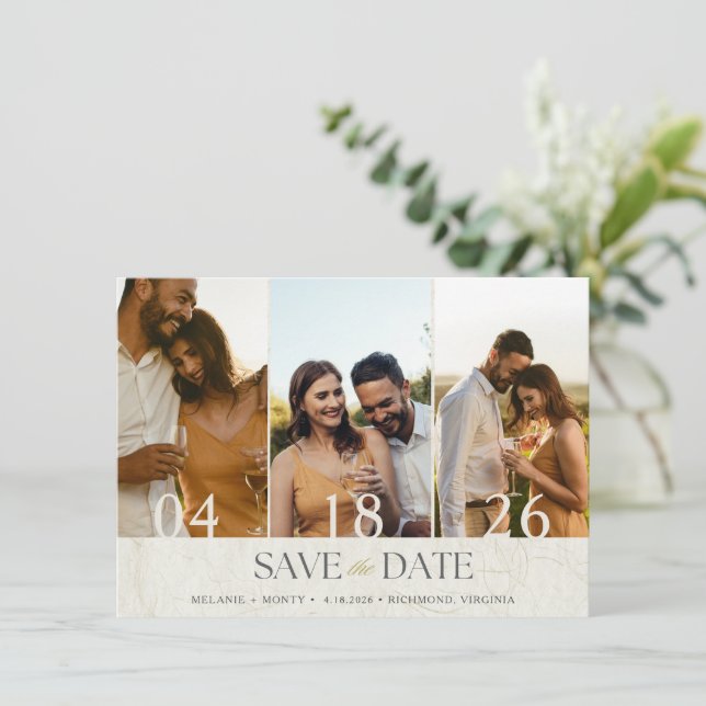 Elegantes Drei-Foto-Hochzeit speichern Sie das Dat Save The Date (Stehend Vorderseite)