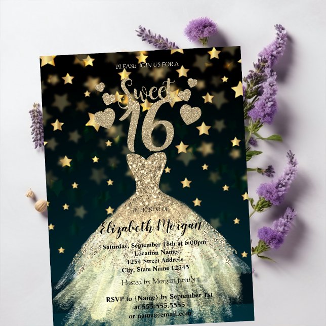 Elegantes Dress Gold Stars Glitzer Sweet 16 Party Einladung (Von Creator hochgeladen)