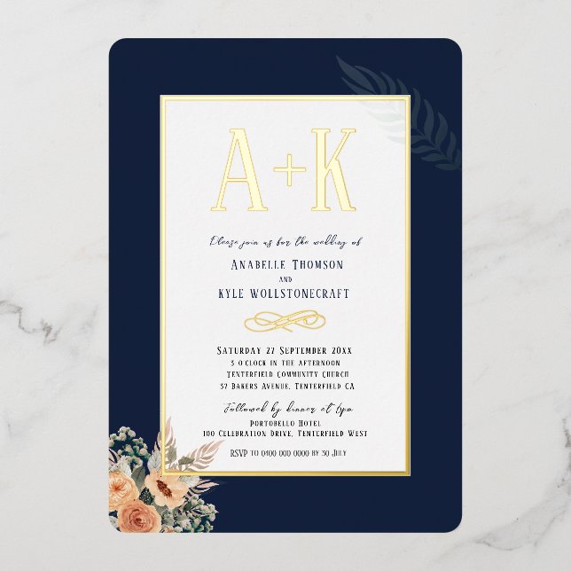 Elegantes, dunkelblau 5" x 7" Foil Einladung (Vorderseite)