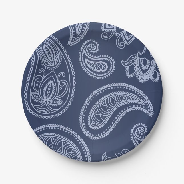 Elegantes dunkelblaues Paisley-Muster Pappteller (Vorderseite)