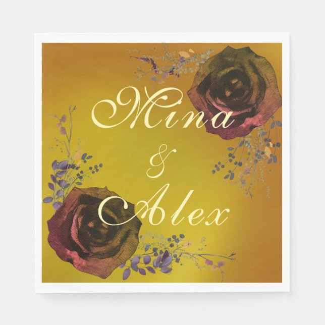 Elegantes Dunkelfall-Rose Monogram Gold Paper Napk Serviette (Vorderseite)