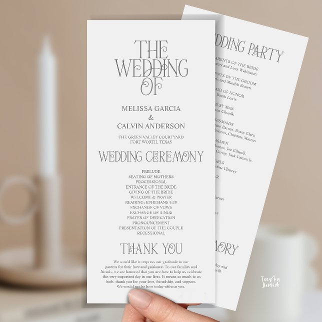 Elegantes dunkelgraues typografisches Hochzeitspro Programm (Elegant Dark Grey Typography Modern Romantic Wedding Program Card)
