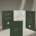 Elegantes dunkelgrünes Foto Hochzeit RSVP QR Dreifach Gefaltete Einladung<br><div class="desc">Moderne, minimalistische Typografie trendy dunkelgrün alles in einem dreimal Budget Winter Hochzeitseinladung mit 2 Fotos, Online-uAwg, und Details mit dem Scannen von QR-Codes auf die Website mit einem schicken angesagten Kalligrafieschrift und transparenten Foto-Overlay. Einfach mit ein oder zwei benutzerdefinierten Fotos personalisieren (Sie können das gleiche Foto auf beiden Seiten hochladen)...</div>
