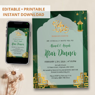Elegantes dunkelgrünes Wasserfarben-Iftar-Dinner Einladung