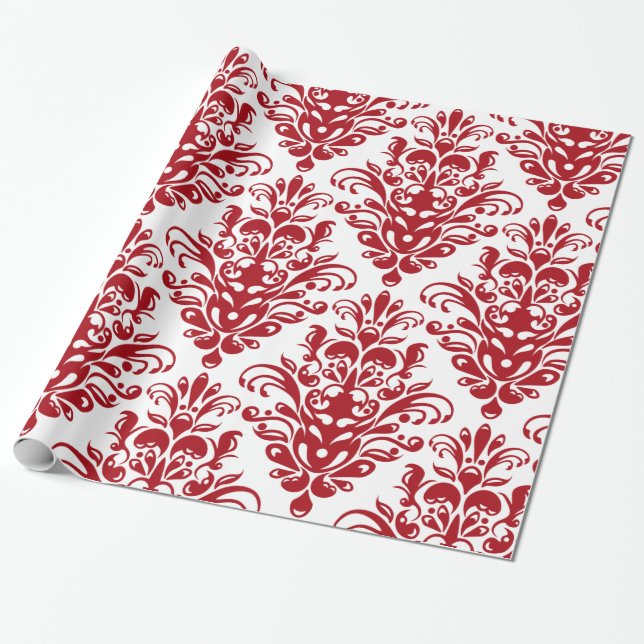 Elegantes, dunkelrotes Vintages Damastmuster Geschenkpapier (Ungerollt)