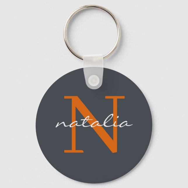 Elegantes Dunkles Blatt mit Orange Mit Monogramm Schlüsselanhänger (Vorderseite)