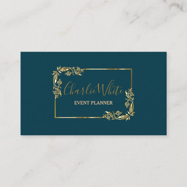 Elegantes dunkles Bleu und Blumengoldleaf QR Visitenkarte (Vorderseite)