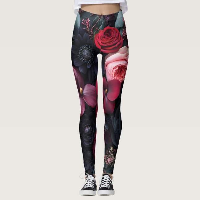 Elegantes dunkles Blumenarrangement mit Rose Leggings (Vorderseite)