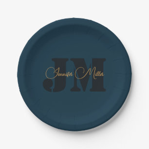 Elegantes dunkles Denim-Blau-Monogramm-Design Pappteller