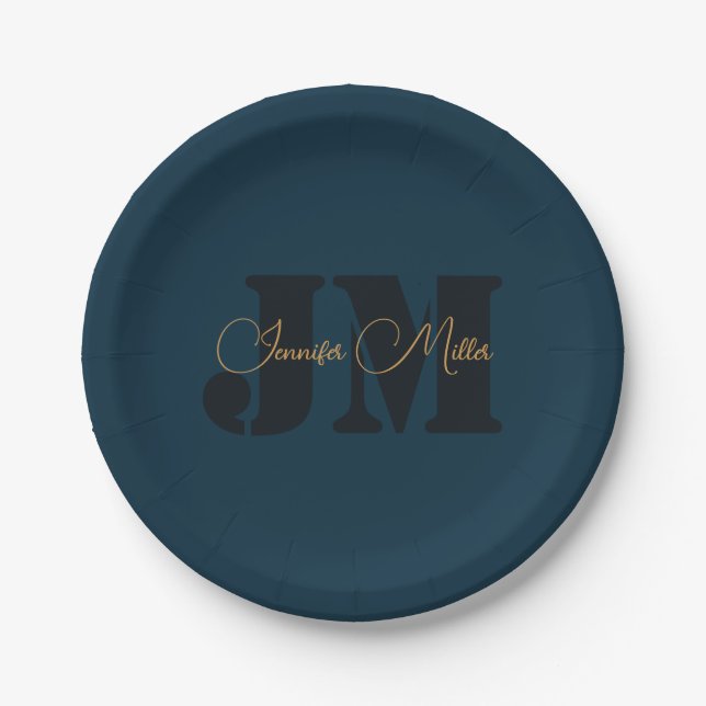 Elegantes dunkles Denim-Blau-Monogramm-Design Pappteller (Vorderseite)