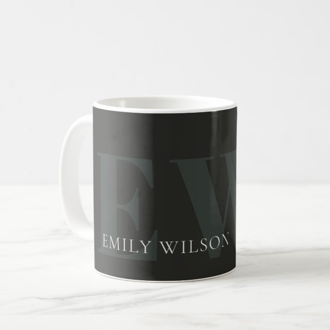 Elegantes dunkles dunkelgrünes Schwarz-Monogramm Kaffeetasse (Vorderseite Links)