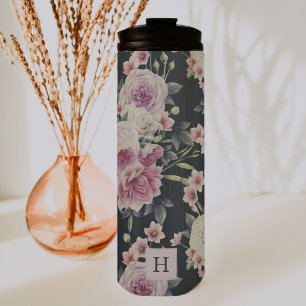 Elegantes dunkles Floral auf Schwarz Monogramm T Thermosbecher