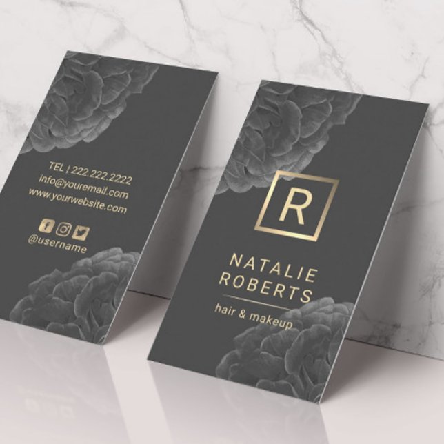 Elegantes dunkles Floral Gold Monogram Logo-Haarsc Visitenkarte (Von Creator hochgeladen)