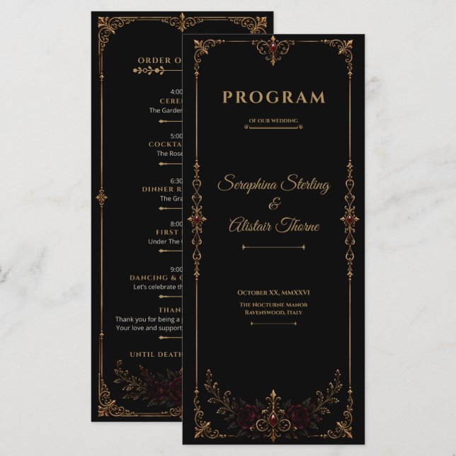 Elegantes dunkles gotisches Hochzeitsprogramm Programm (Vorne/Hinten)