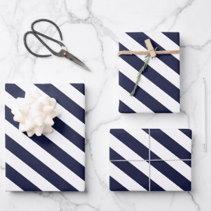 Elegantes dunkles Navyblau- und Weiß-Streifenmuste Geschenkpapier Set