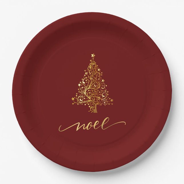 Elegantes dunkles Rotes und goldenes Weihnachtsbau Pappteller (Vorderseite)