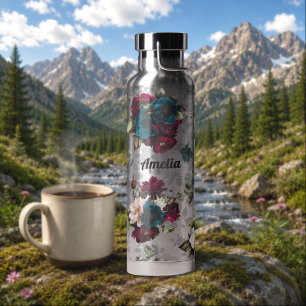 Elegantes dunkles Türkis-Rot-Blumen-Monogramm Trinkflasche