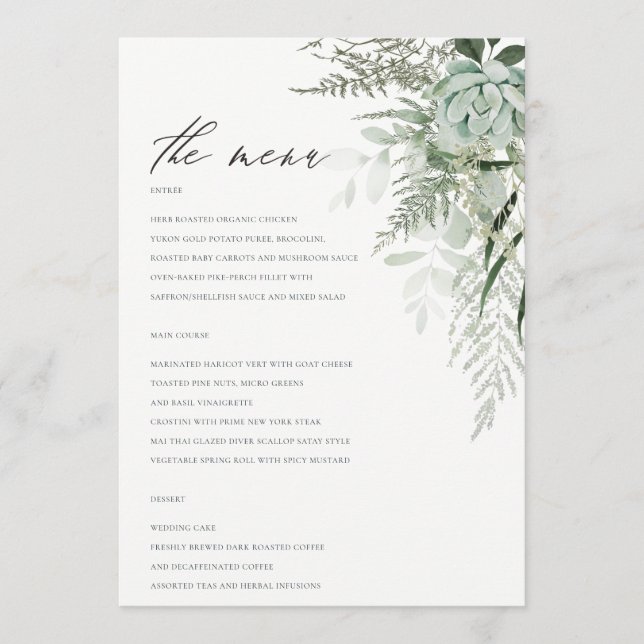 Elegantes Dusky Leafy Fern Succulent Wedding Menu Menükarte (Vorderseite)