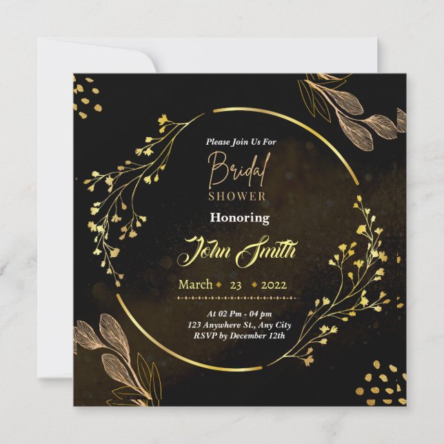 Elegantes Dusty Black Gold Blume Brautparty Einladung (Vorderseite)