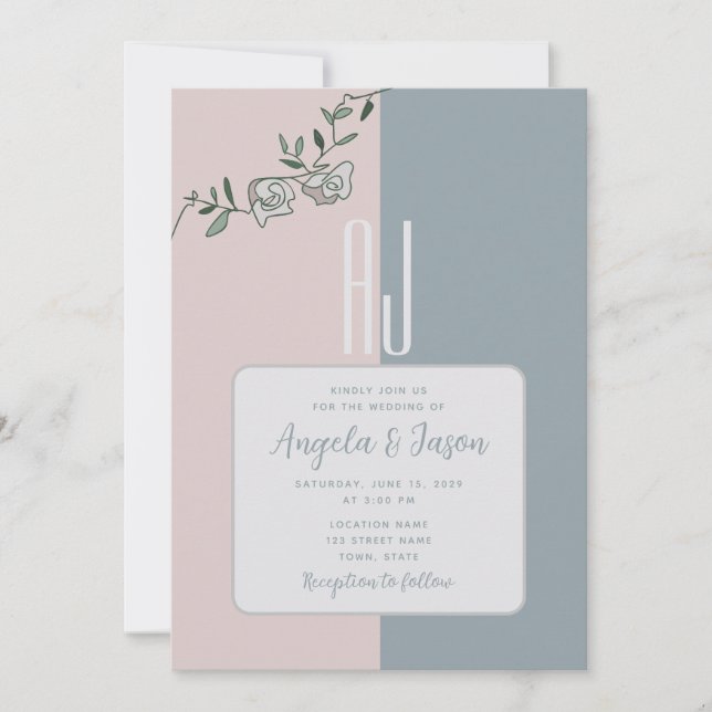 Elegantes Dusty Blau und Rosa Foto Hochzeit Einladung (Vorderseite)