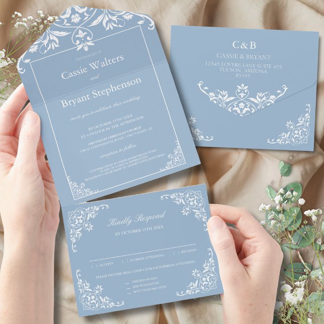 Elegantes Dusty Blue auf einer Hochzeit All In One Einladung (elegant dusty blue and white simple minimal all in one wedding invitation with rsvp card attached)