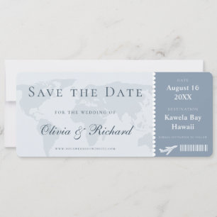 Elegantes Dusty Blue Boarding Pass Save-the-Date Einladung