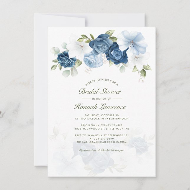 Elegantes Dusty Blue Botanical Floral Brautparty Einladung (Vorderseite)