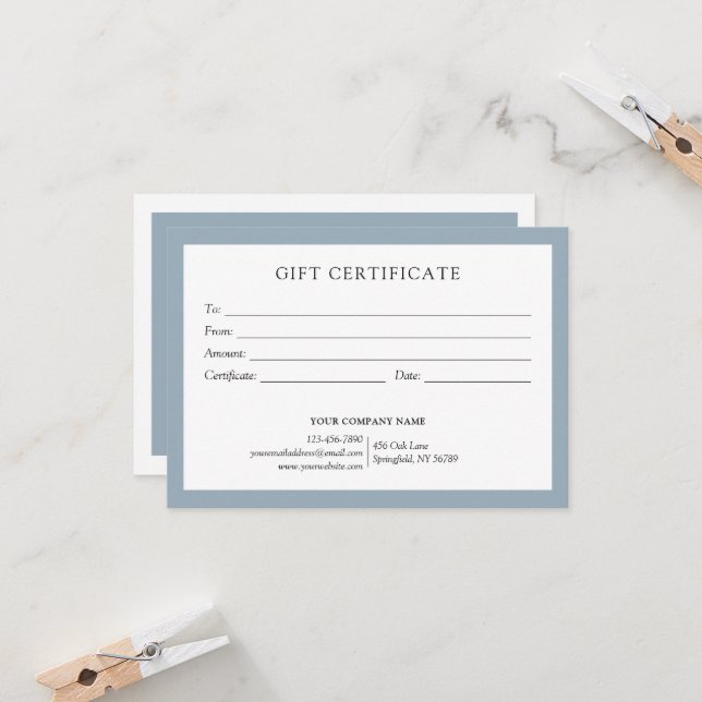 Elegantes Dusty Blue Business-Geschenkzertifikat (Vorderseite/Rückseite Beispiel)