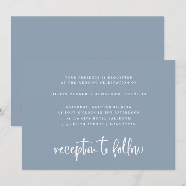 Elegantes Dusty Blue| Einfache klassische Hochzeit Einladung (Vorne/Hinten)