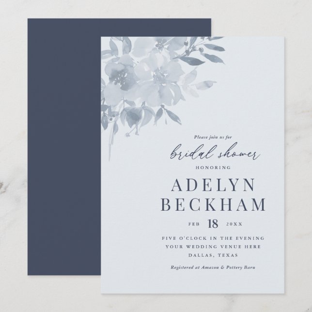 Elegantes Dusty Blue Floral Brautparty Einladung (Vorne/Hinten)
