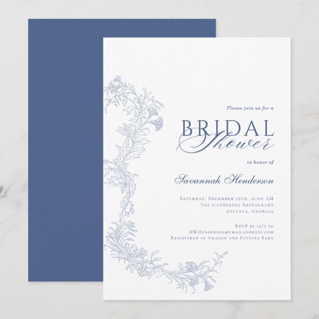 Elegantes Dusty Blue Floral Brautparty Einladung (Vorne/Hinten)