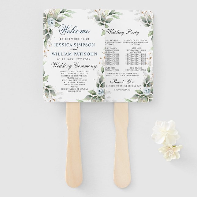 Elegantes Dusty Blue Floral Foliage Hochzeitsprogr Fächer (Vorne und Hinten)