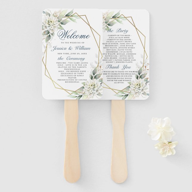 Elegantes Dusty Blue Floral Foliage Hochzeitsprogr Fächer (Vorne und Hinten)