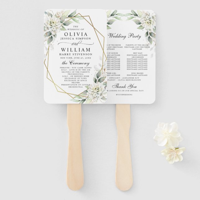Elegantes Dusty Blue Floral Foliage Hochzeitsprogr Fächer (Vorne und Hinten)