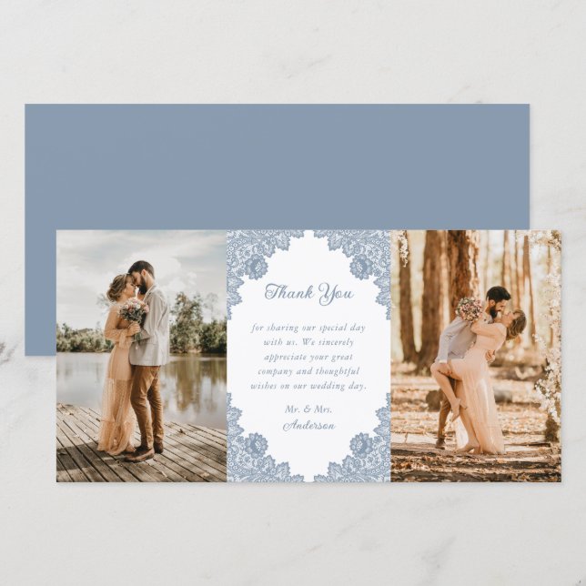 Elegantes Dusty Blue Floral Lace Wedding Foto Dankeskarte (Vorne/Hinten)