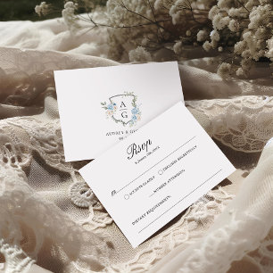 Elegantes Dusty Blue Floral Monogram Wappen RSVP Karte