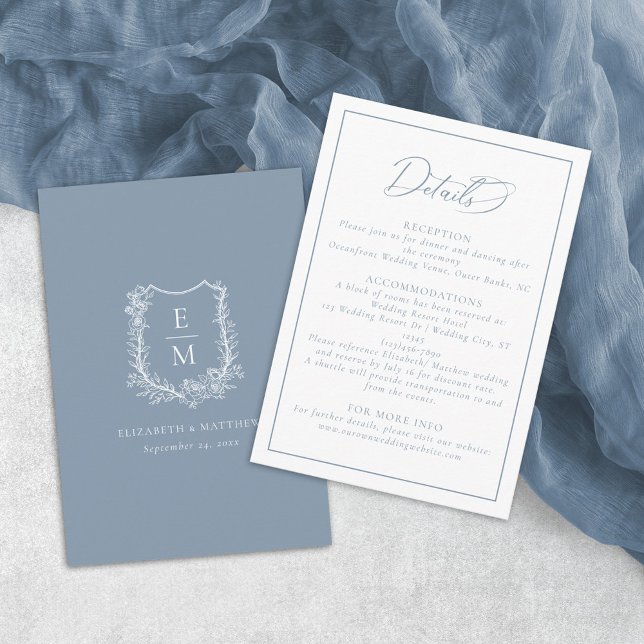 Elegantes Dusty Blue Floral Wappen Hochzeiten Deta Begleitkarte (Von Creator hochgeladen)