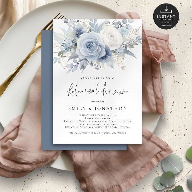 Elegantes Dusty Blue Florals Probe Abendessen Einladung (Von Creator hochgeladen)