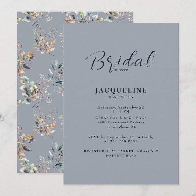 Elegantes Dusty Blue Foliage Brautparty Einladung (Vorne/Hinten)