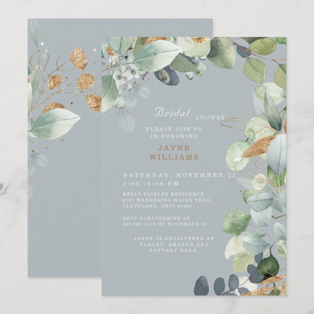 Elegantes Dusty Blue Foliage Wedding Brautparty Einladung (Vorne/Hinten)
