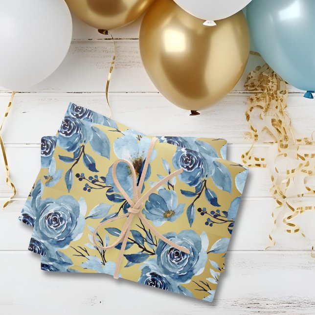 Elegantes Dusty Blue Gold Floral Rose Set von 3 Geschenkpapier Set (Von Creator hochgeladen)