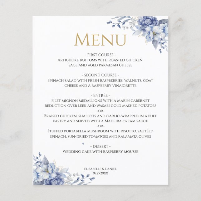 Elegantes Dusty Blue Gold Floral Wedding Dinner Me (Vorderseite)