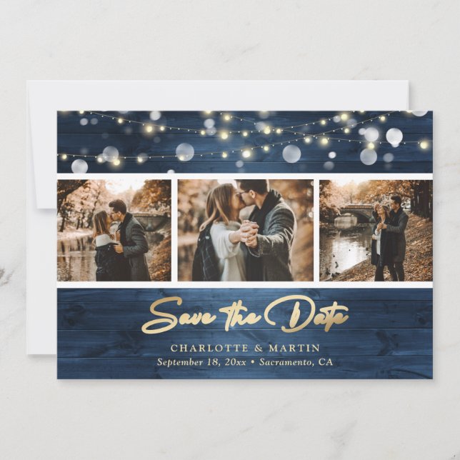 Elegantes Dusty Blue Gold Foil Wood Wedding Foto Save The Date (Vorderseite)